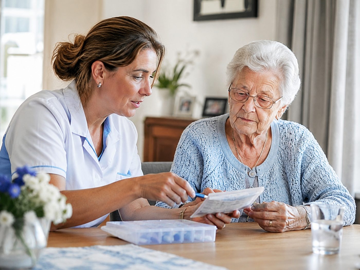 Zorgverlener van Nu en Morgen bespreekt de medicatie en het zorgplan met een oudere vrouw: Thuiszorg bij COPD in Aalsmeer-Stommeer via PGB